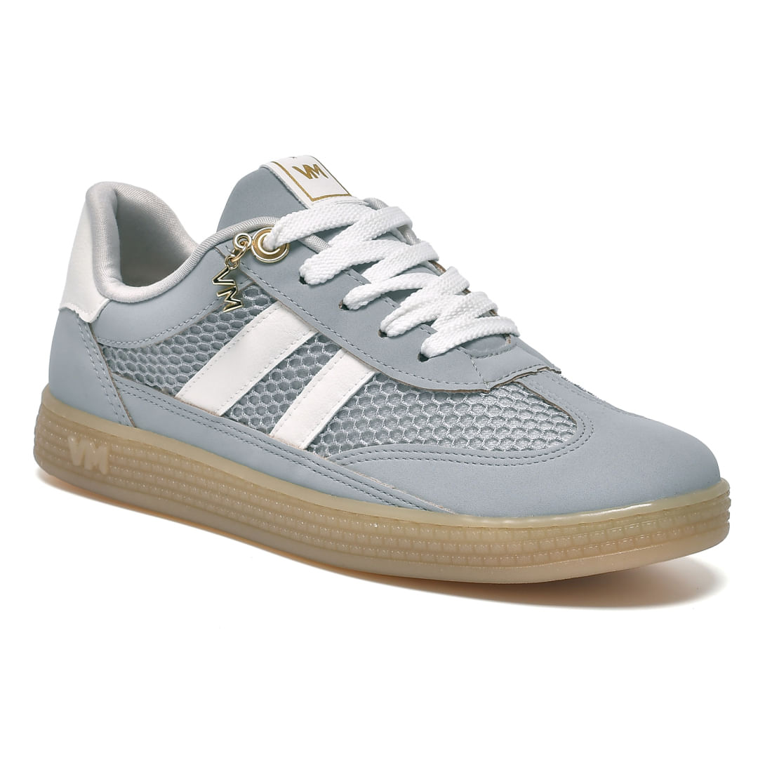 Vista lateral do tênis casual feminino Via Marte azul calm blue com detalhes em ouro